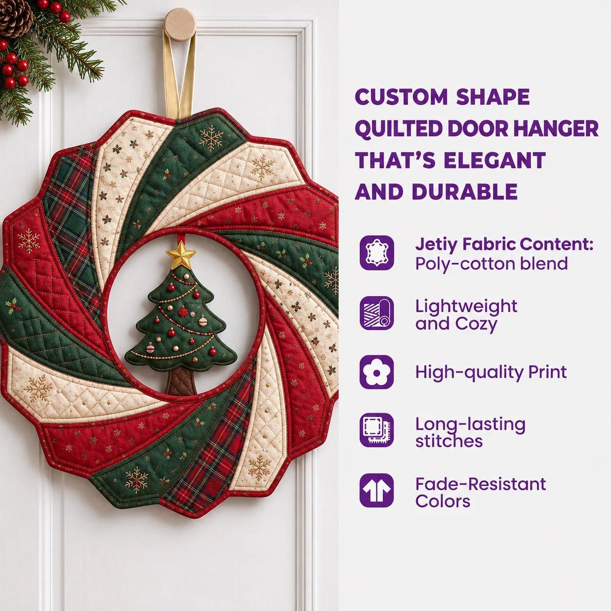 Pastel Garden Christmas Tree Custom Shape Quilted Door Hanger