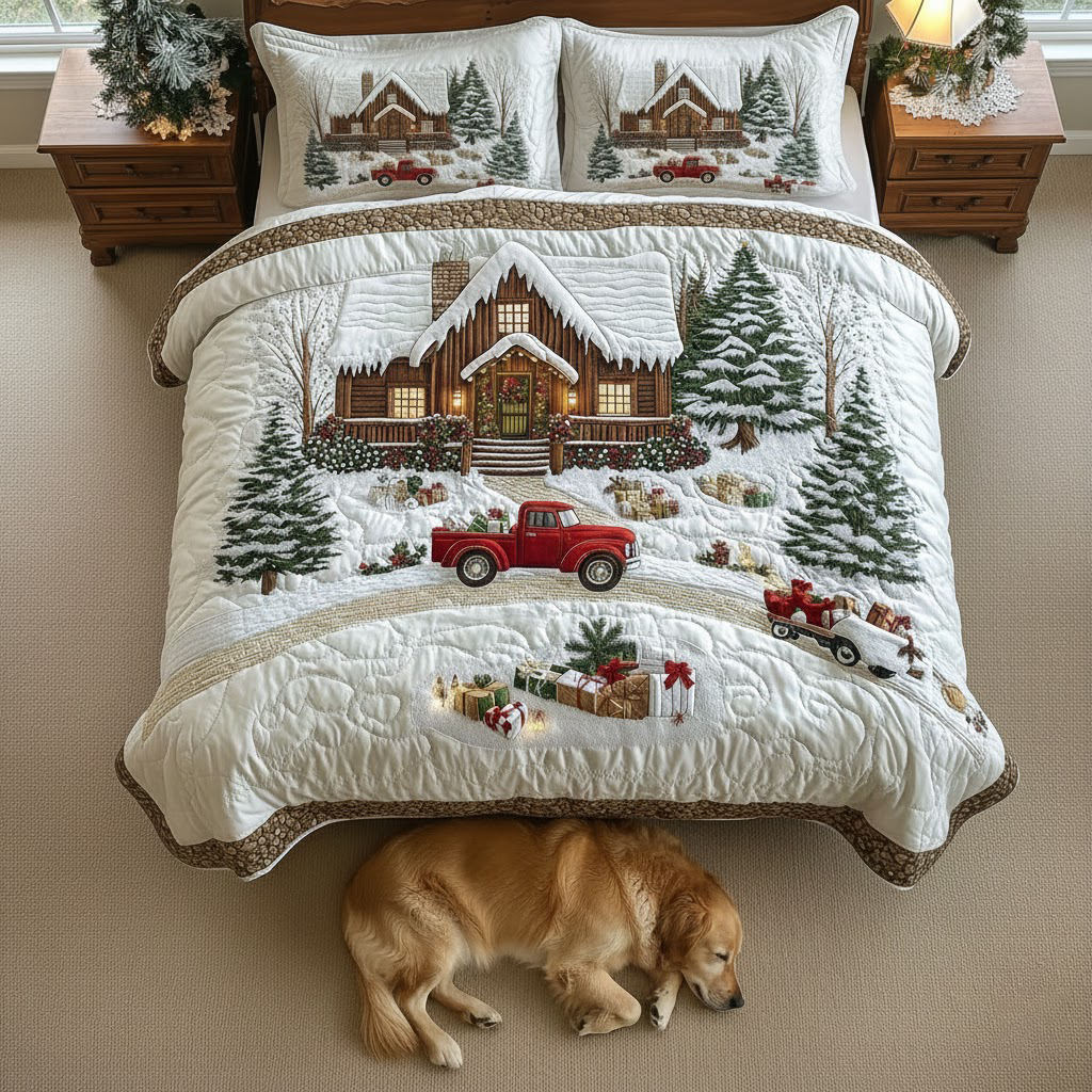 Peaceful Snow Cabin 3-Piece Quilted Bedding Set