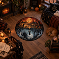 Split dimension autumn round rug. The top half shows a warm sunset over a cozy village with a traveler and a dog. The bottom half reflects a dark, spooky blue underworld with ghosts. Separated by a glowing hourglass.
