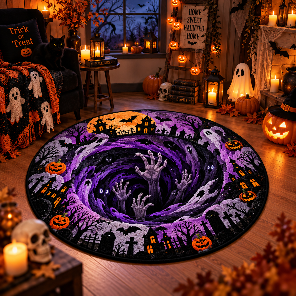 Mystical 3D Hole Illusion Velvet Rug – Haunted Library & Glowing Well
