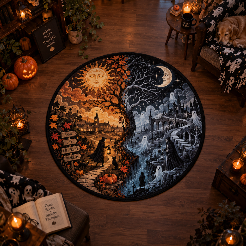 Split Dimension Gothic Reflection Round Rug – Dark Fantasy Decor