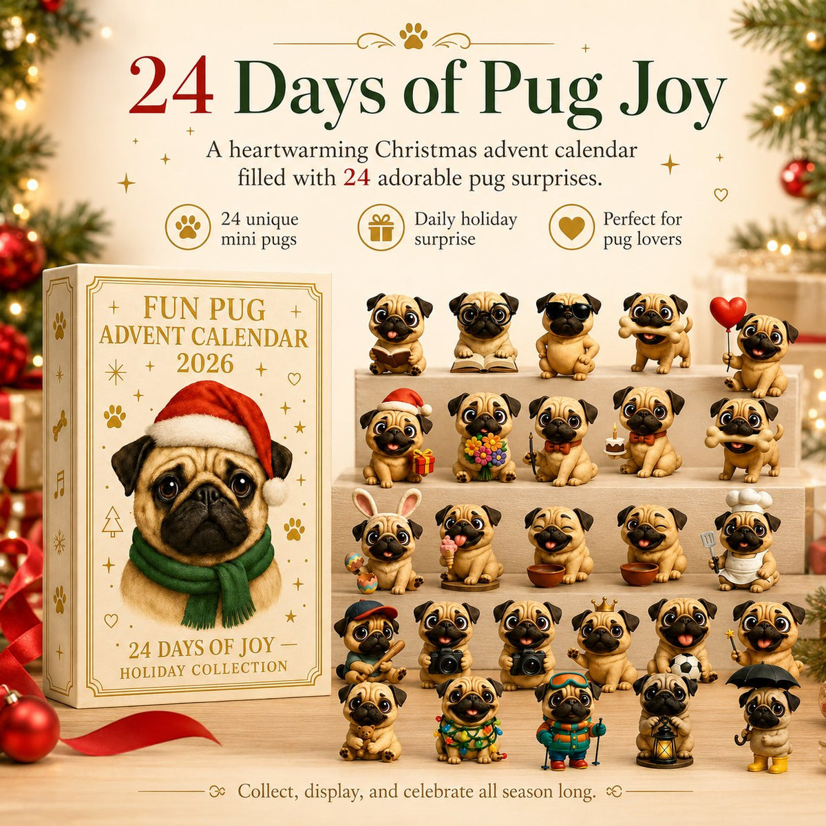 24 Days Funny Pug Christmas Surprise Advent Calendar 2026