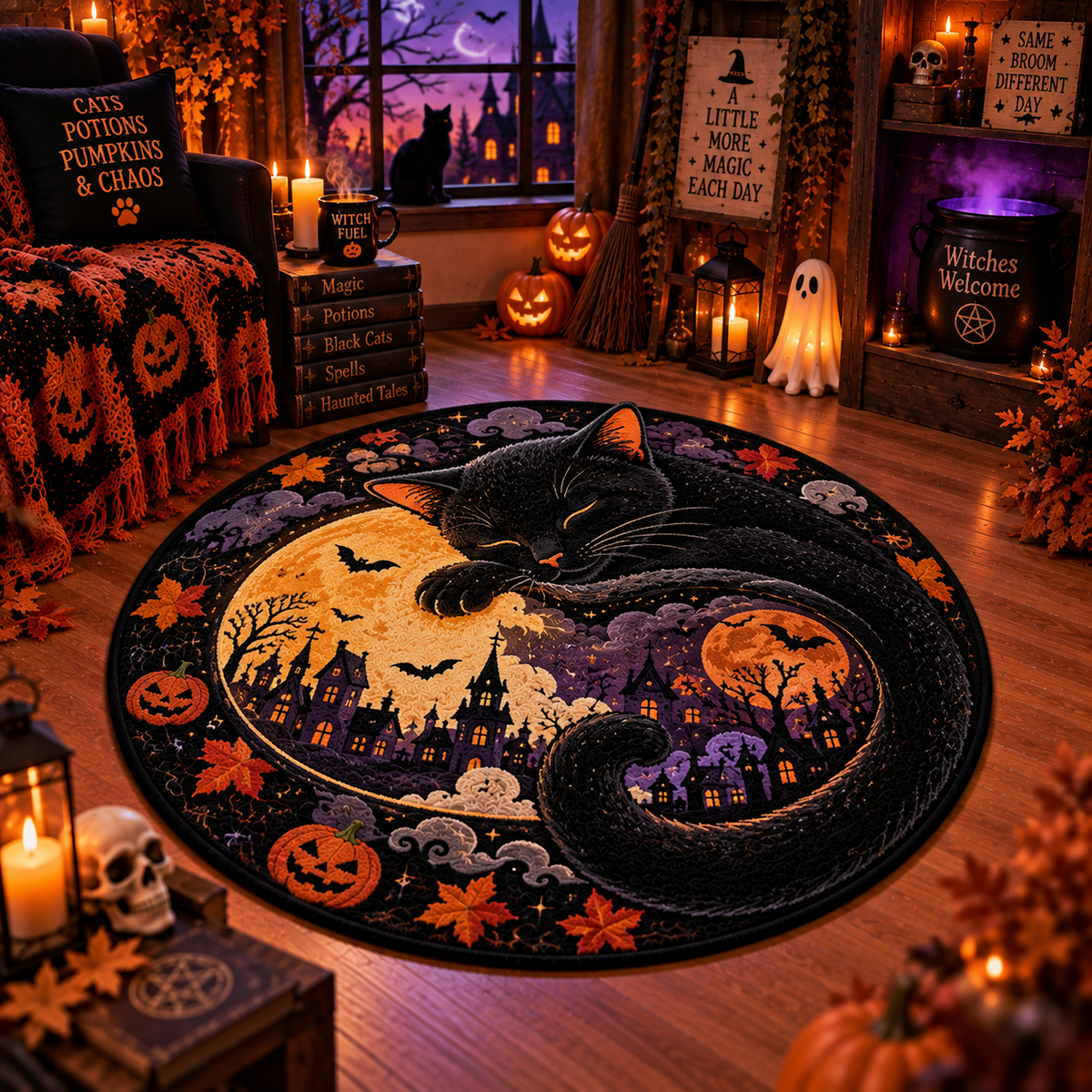 Mystical 3D Hole Illusion Velvet Rug – Haunted Library & Glowing Well