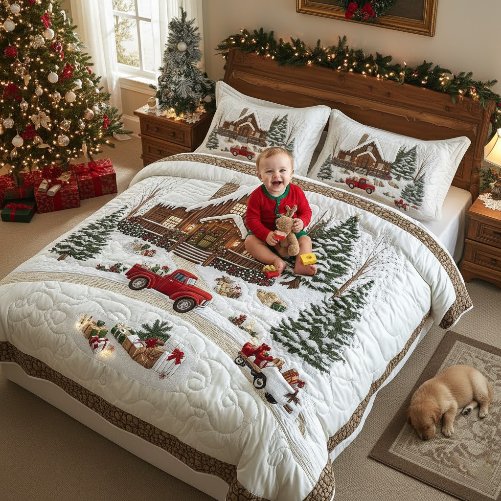 Peaceful Snow Cabin 3-Piece Quilted Bedding Set