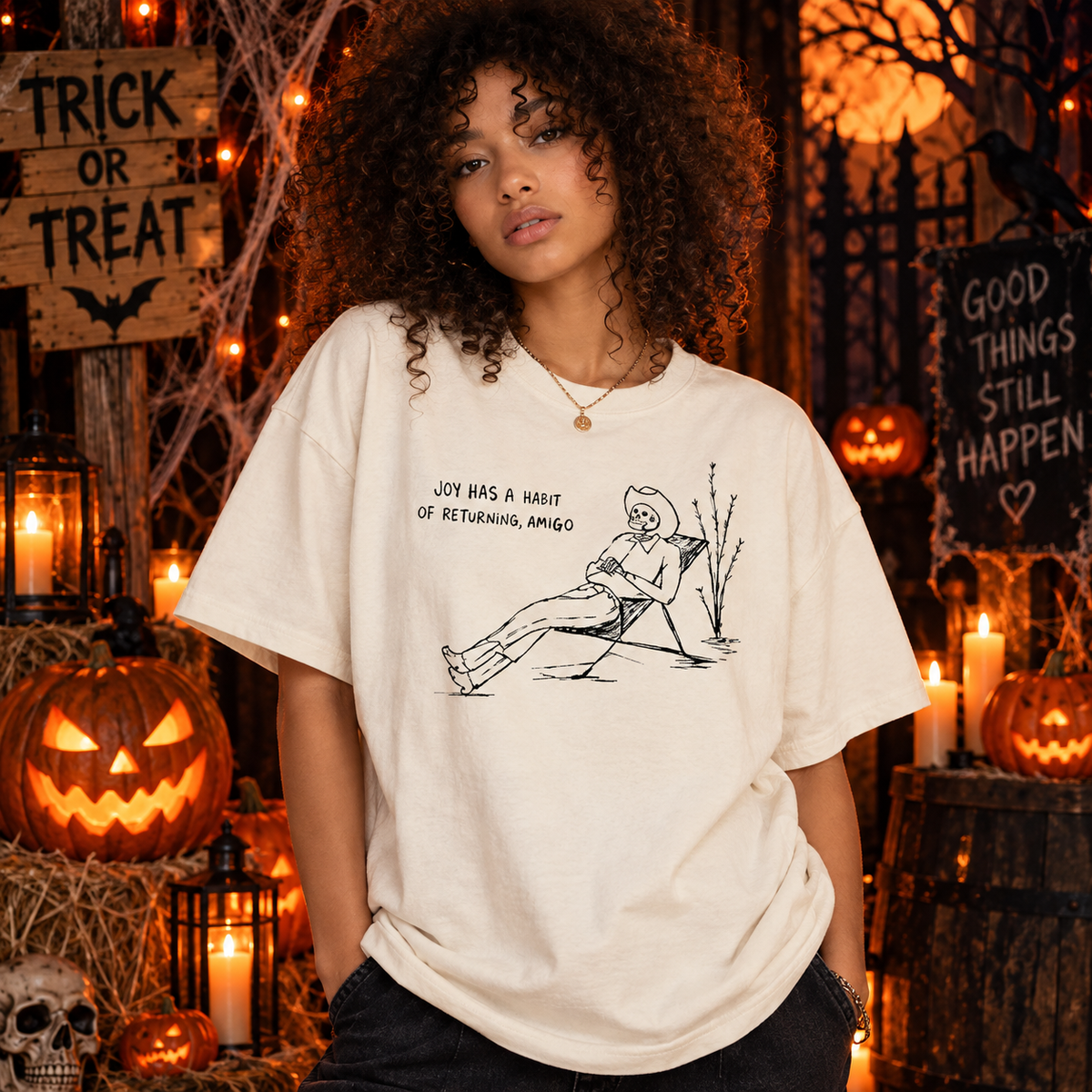 Joy Has A Habit Skeleton Tee, Western Goth Sweatshirt