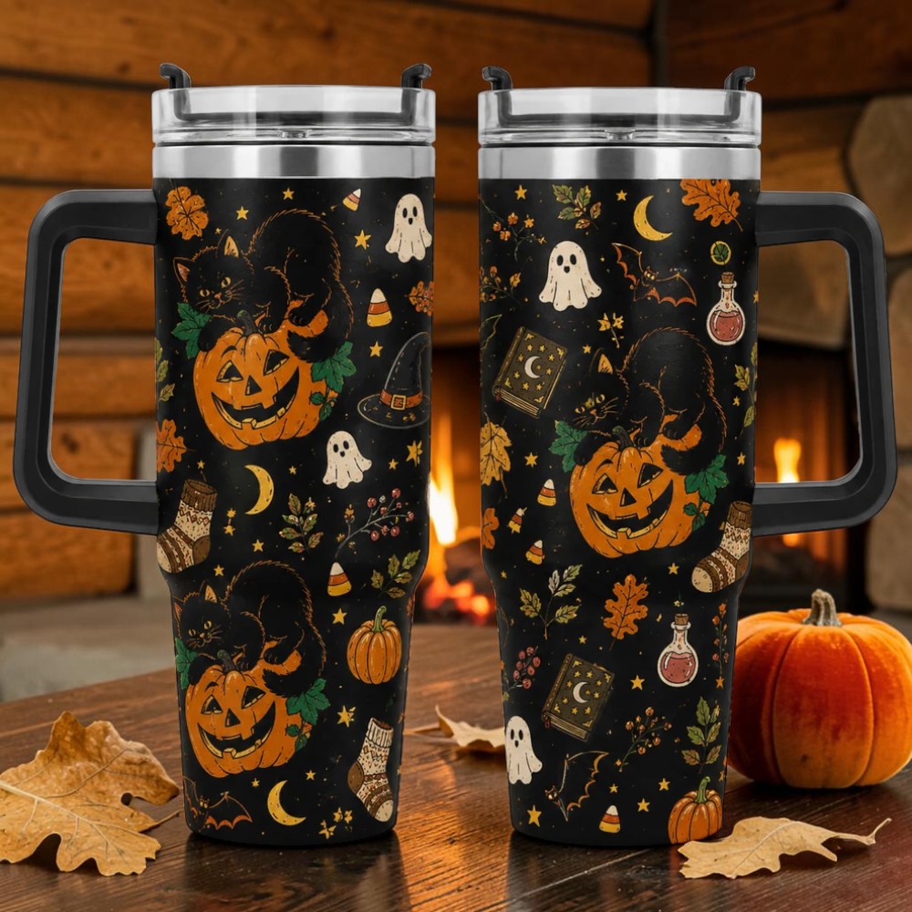 Black Cat Pumpkin Coffee Mug Custom Halloween Gift for Cat Lovers