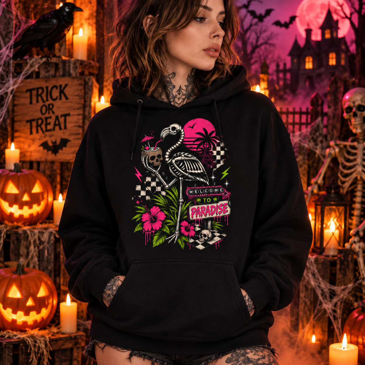 Skeleton Flamingo Graphic Tee Summerween Edgy Sweatshirt