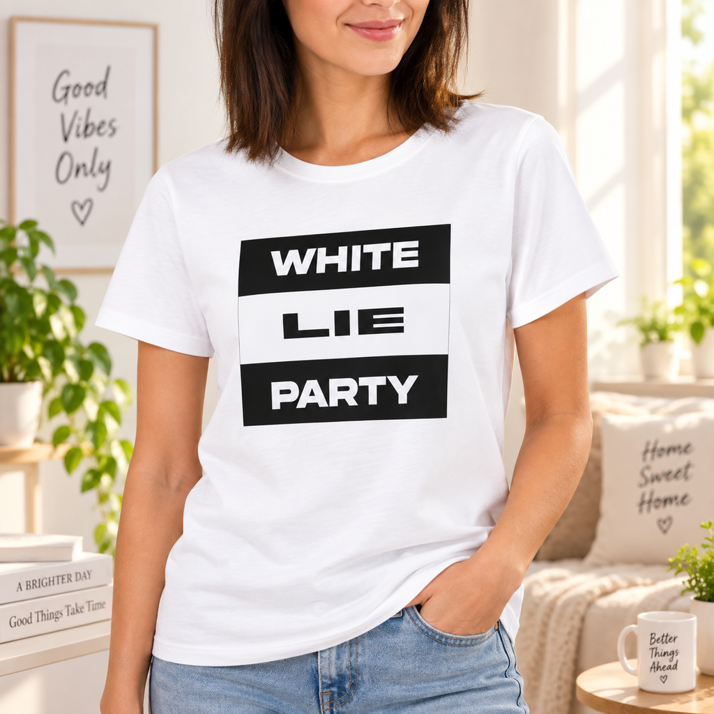 Classic Block Text Logo Design White Lie Party Shirt