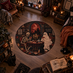 Cozy gothic dark academia round velvet rug featuring a skeleton and a ghost playing cards at a candlelit table, drinking tea with a black cat. Text reads "Same Game Different Life" and "Good Company Never Dies".