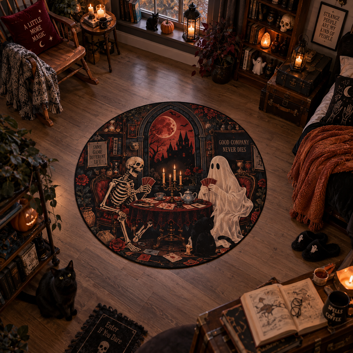 Cozy gothic dark academia round velvet rug featuring a skeleton and a ghost playing cards at a candlelit table, drinking tea with a black cat. Text reads "Same Game Different Life" and "Good Company Never Dies".