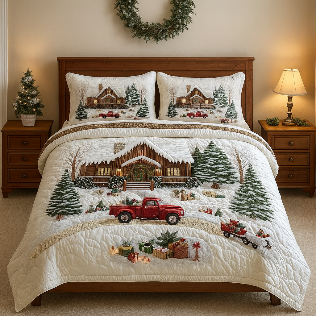 Peaceful Snow Cabin 3-Piece Quilted Bedding Set