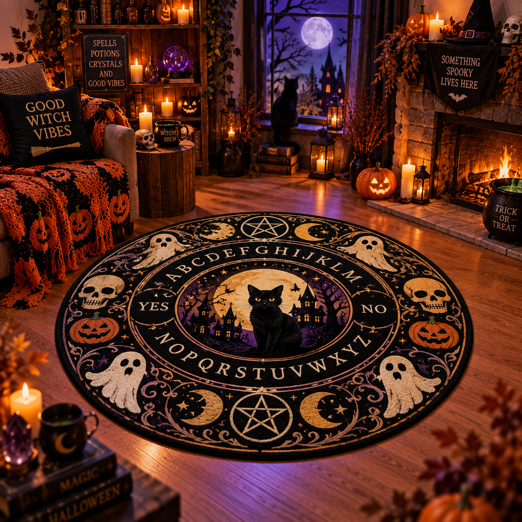 Witchy Black Cat & Spirit Board Halloween Round Rug – Velvet Decor