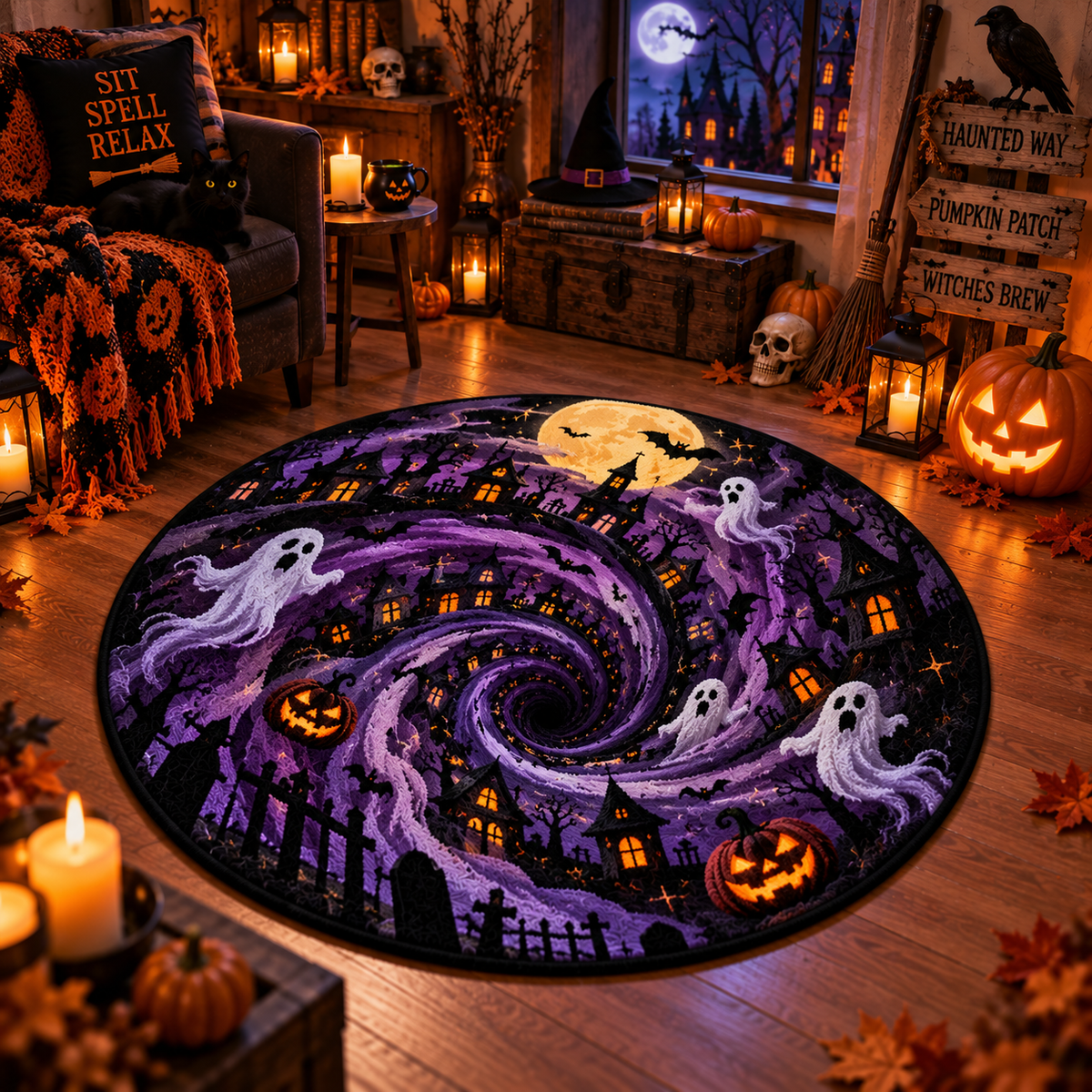 Witchy Black Cat & Spirit Board Halloween Round Rug – Velvet Decor