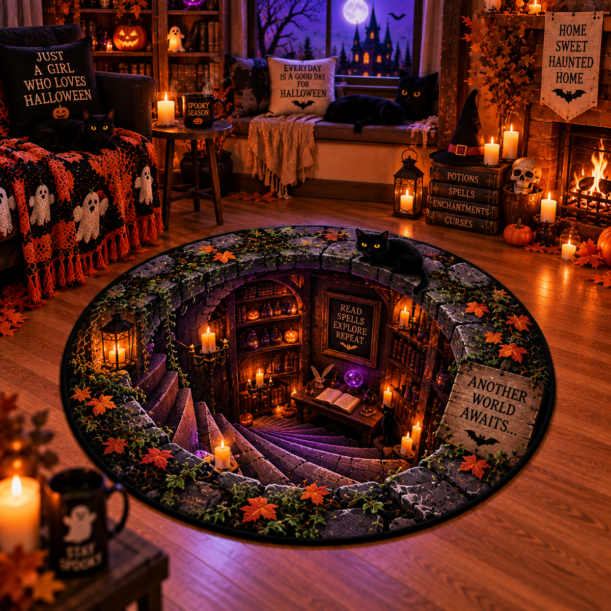 Mystical 3D Hole Illusion Velvet Rug – Haunted Library & Glowing Well
