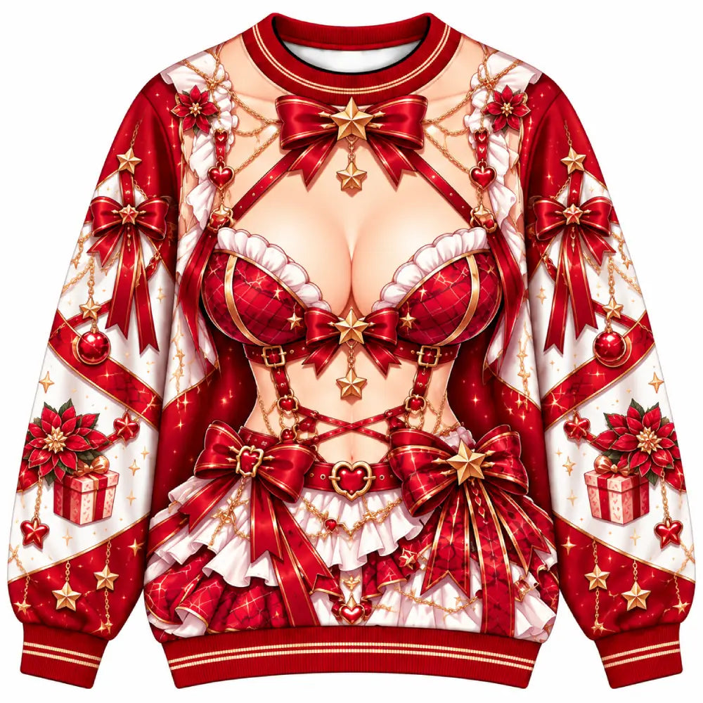 Anime-Inspired Red & White Funny Christmas Crewneck Sweater