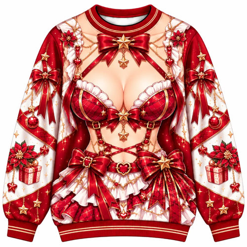 Anime-Inspired Red & White Funny Christmas Crewneck Sweater