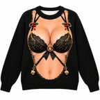 Black Gold Detail Holiday Knit Pullover Christmas Illusion Print Sweater