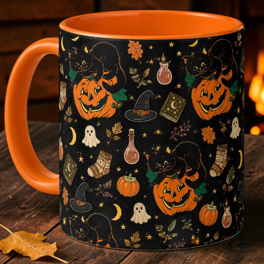 Black Cat Pumpkin Coffee Mug Custom Halloween Gift for Cat Lovers