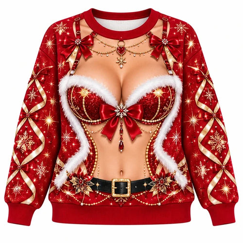 Christmas 3D Illusion Santa Sparkly Festive Holiday Pullover Sweater