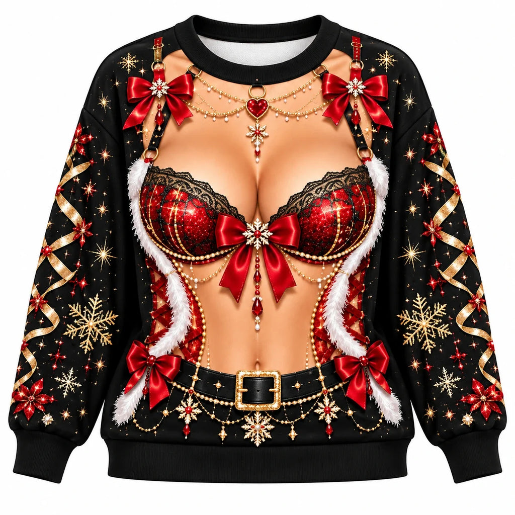 Christmas Faux Skin Funny Festive Red Bow & Snowflake Graphic Pullover Sweater