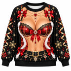 Christmas Faux Skin Funny Festive Red Bow & Snowflake Graphic Pullover Sweater