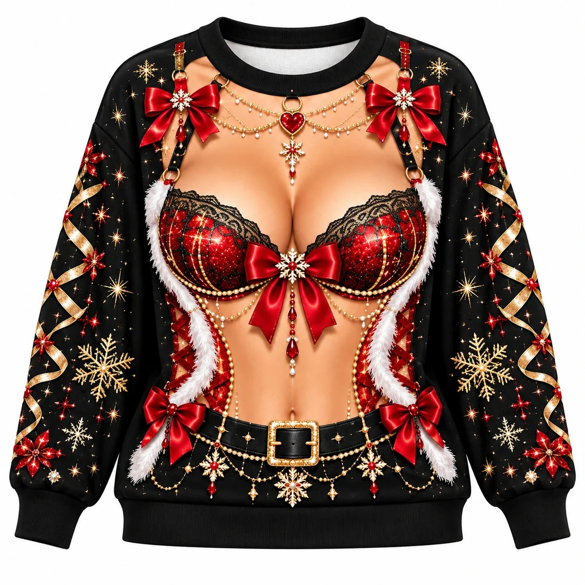 Christmas Faux Skin Funny Festive Red Bow & Snowflake Graphic Pullover Sweater