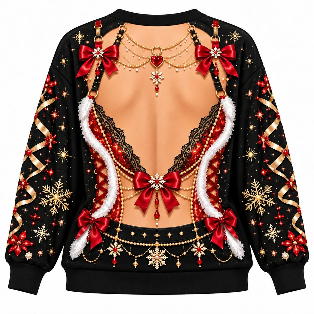 Christmas Faux Skin Funny Festive Red Bow & Snowflake Graphic Pullover Sweater