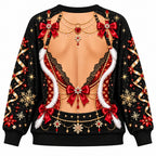 Christmas Faux Skin Funny Festive Red Bow & Snowflake Graphic Pullover Sweater