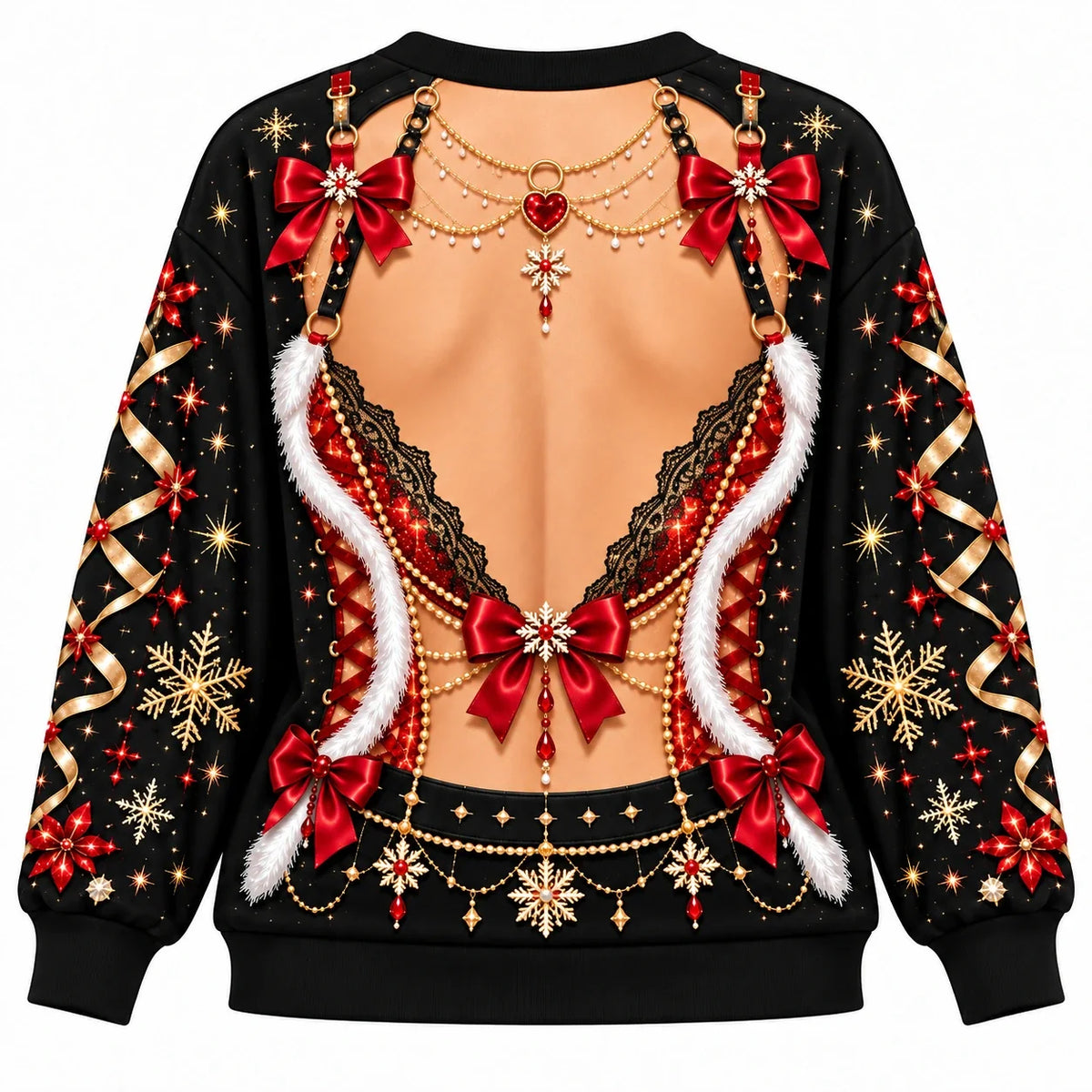 Christmas Faux Skin Funny Festive Red Bow & Snowflake Graphic Pullover Sweater