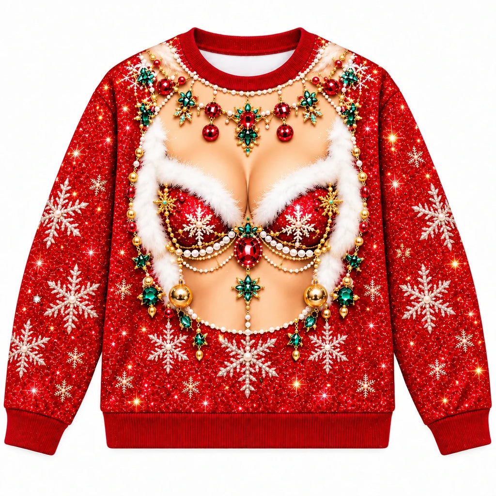 Christmas Jewel Funny Faux Skin 3D Illusion Holiday Pullover Sweater