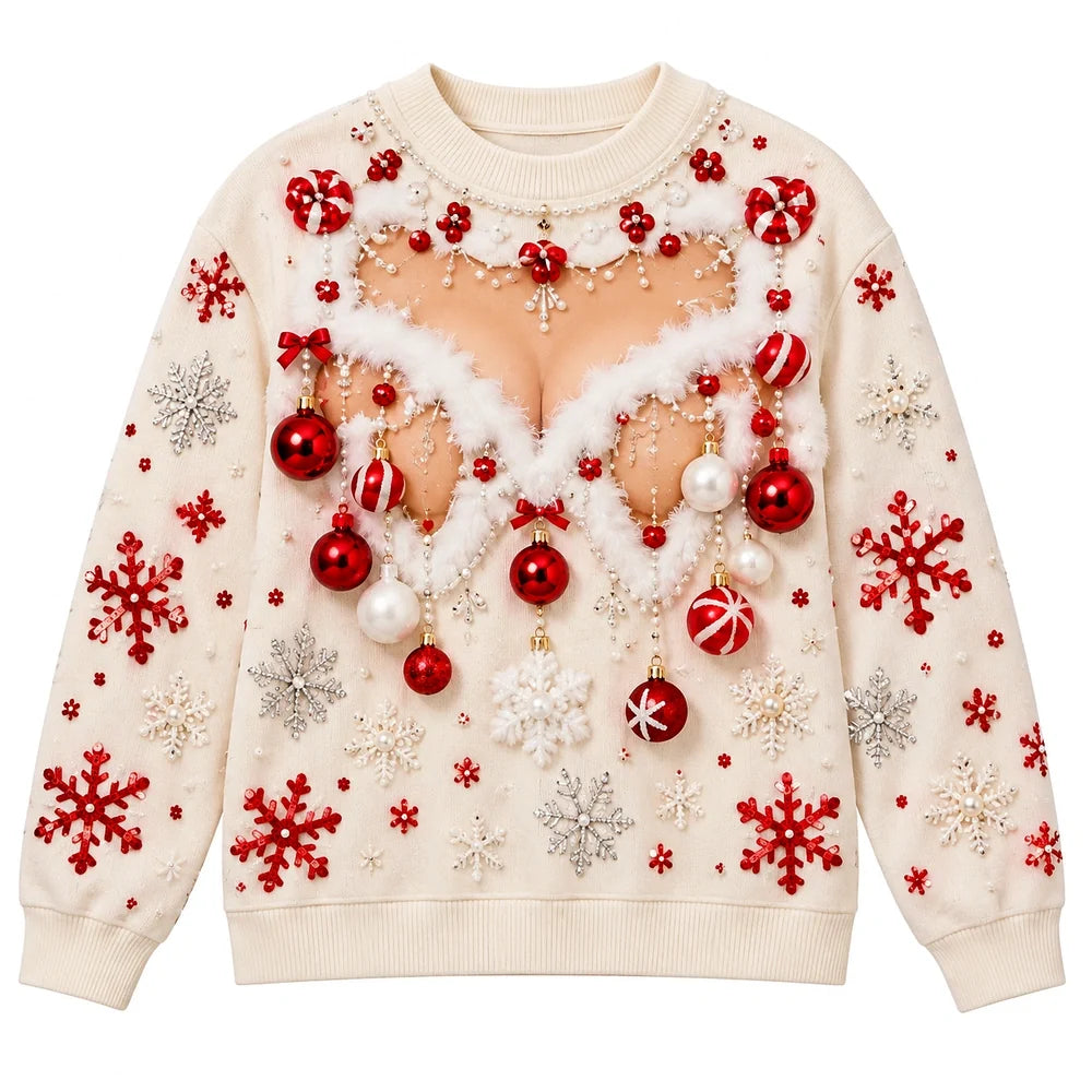 Christmas Snowflake Ornament Embellished Festive Holiday Pullover Sweater