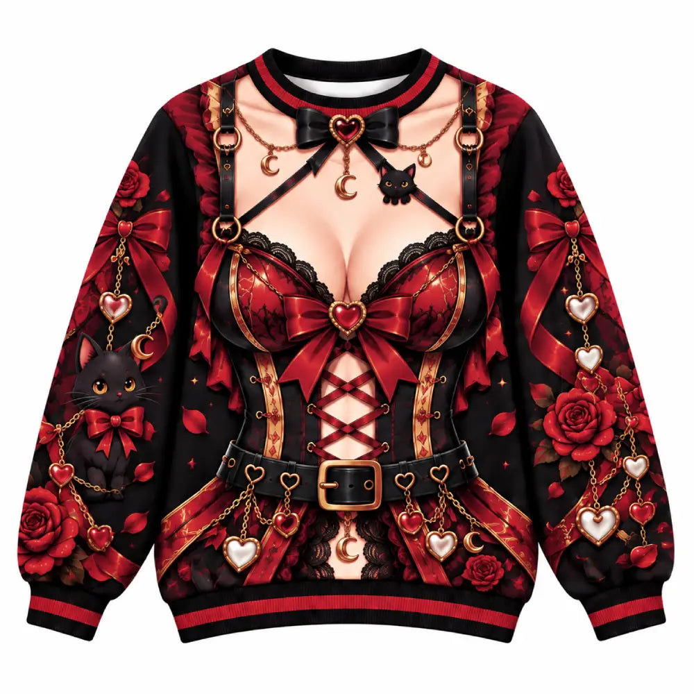 Dark Kawaii Christmas Illusion Gothic Anime Rose & Black Cat Funny Christmas Sweater