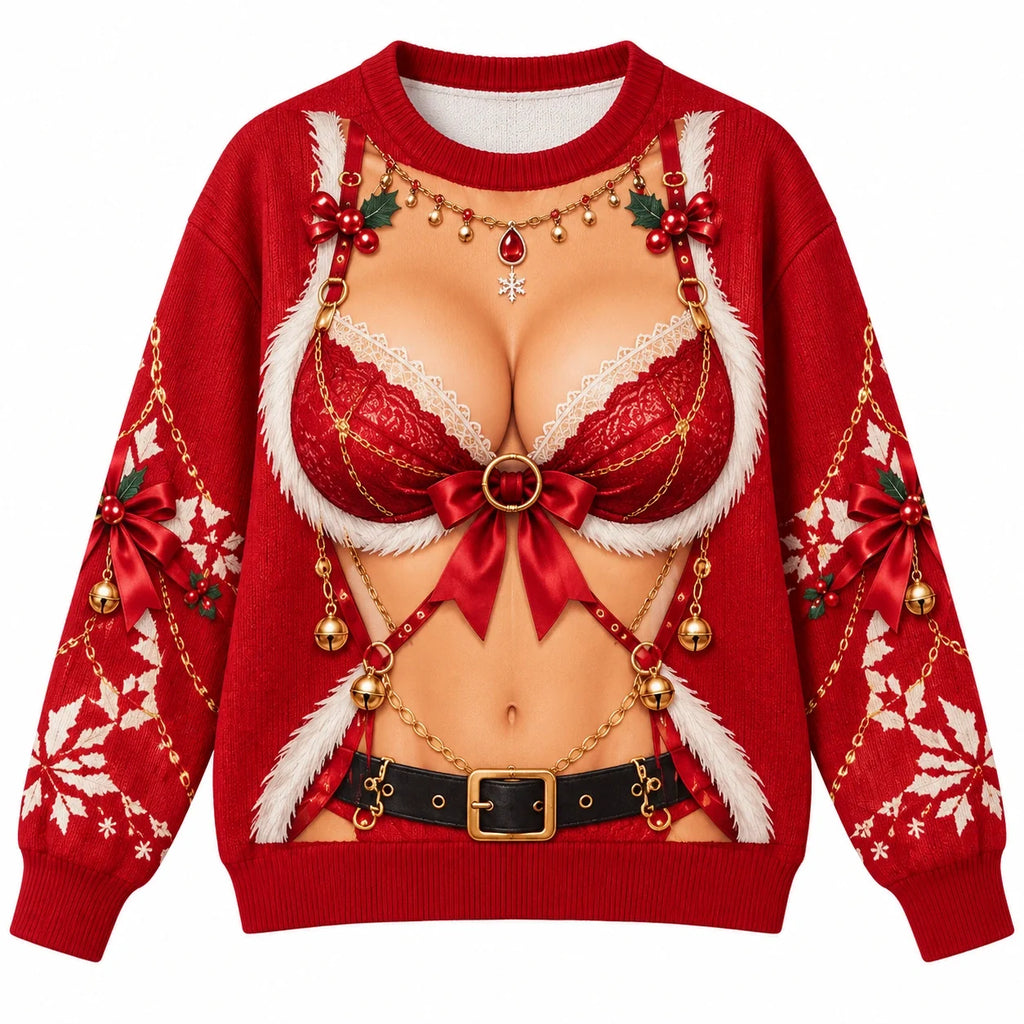 Faux Corset Lace Design Red Holiday Pullover Christmas Ugly Sweater