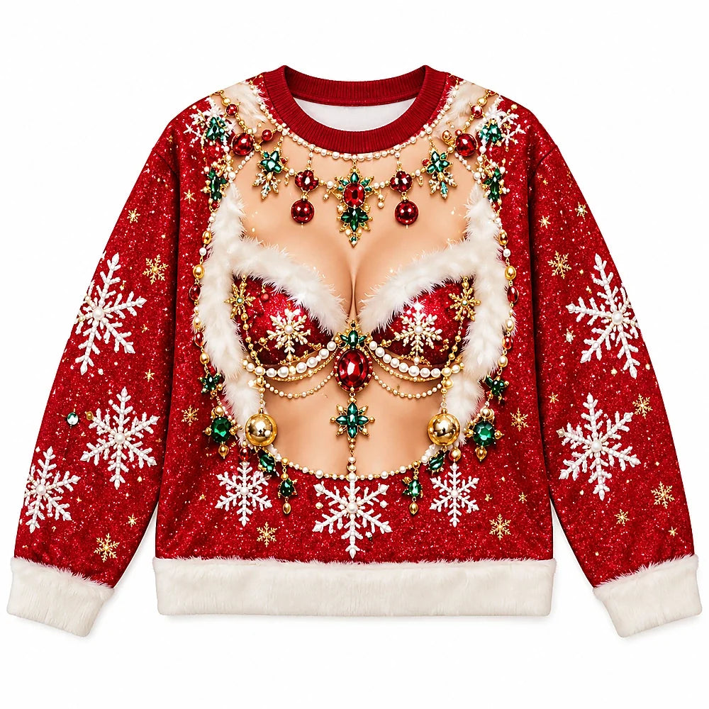 Festive Christmas Glam Sparkly Holiday Snowflake & Ornament Print Sweater