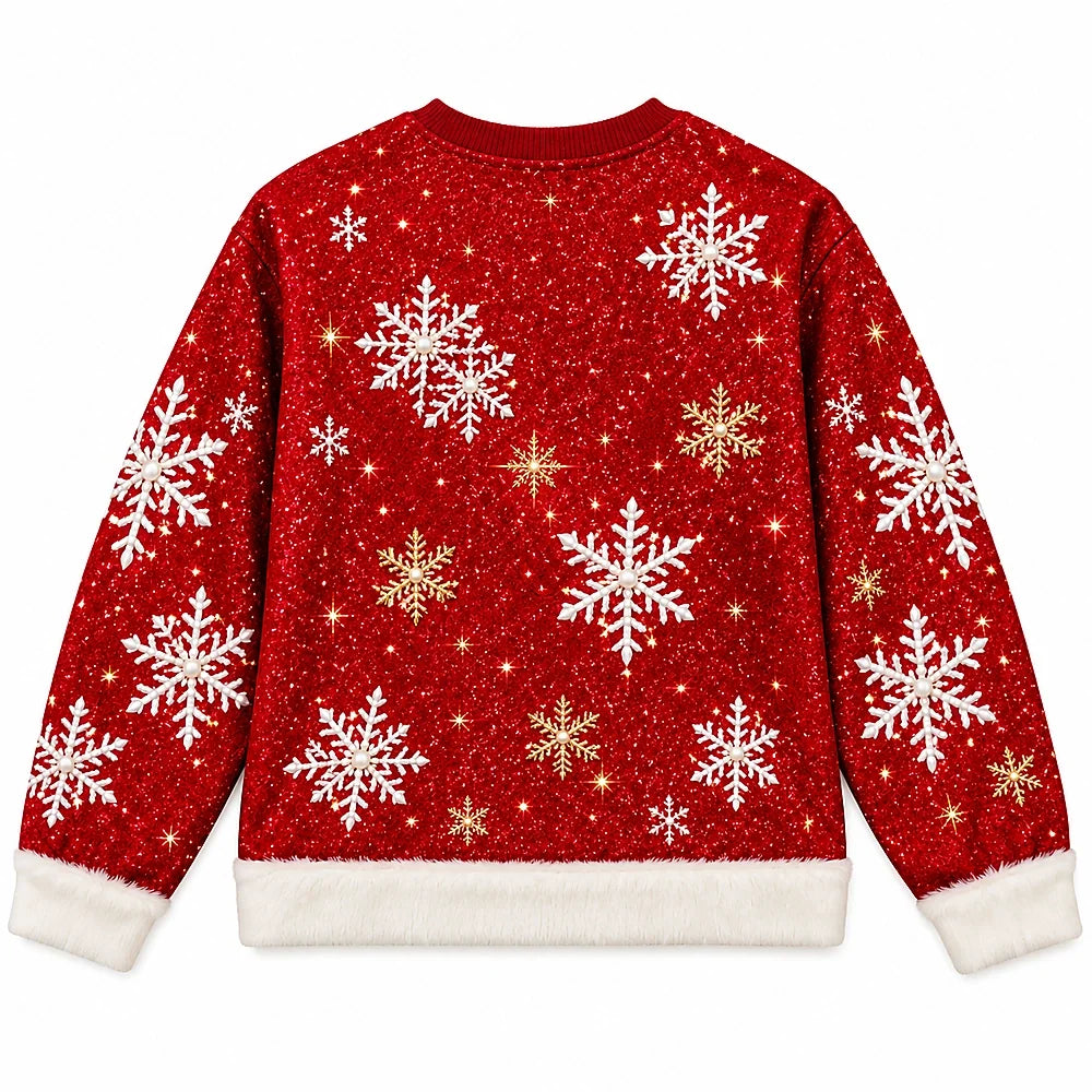 Festive Christmas Glam Sparkly Holiday Snowflake & Ornament Print Sweater