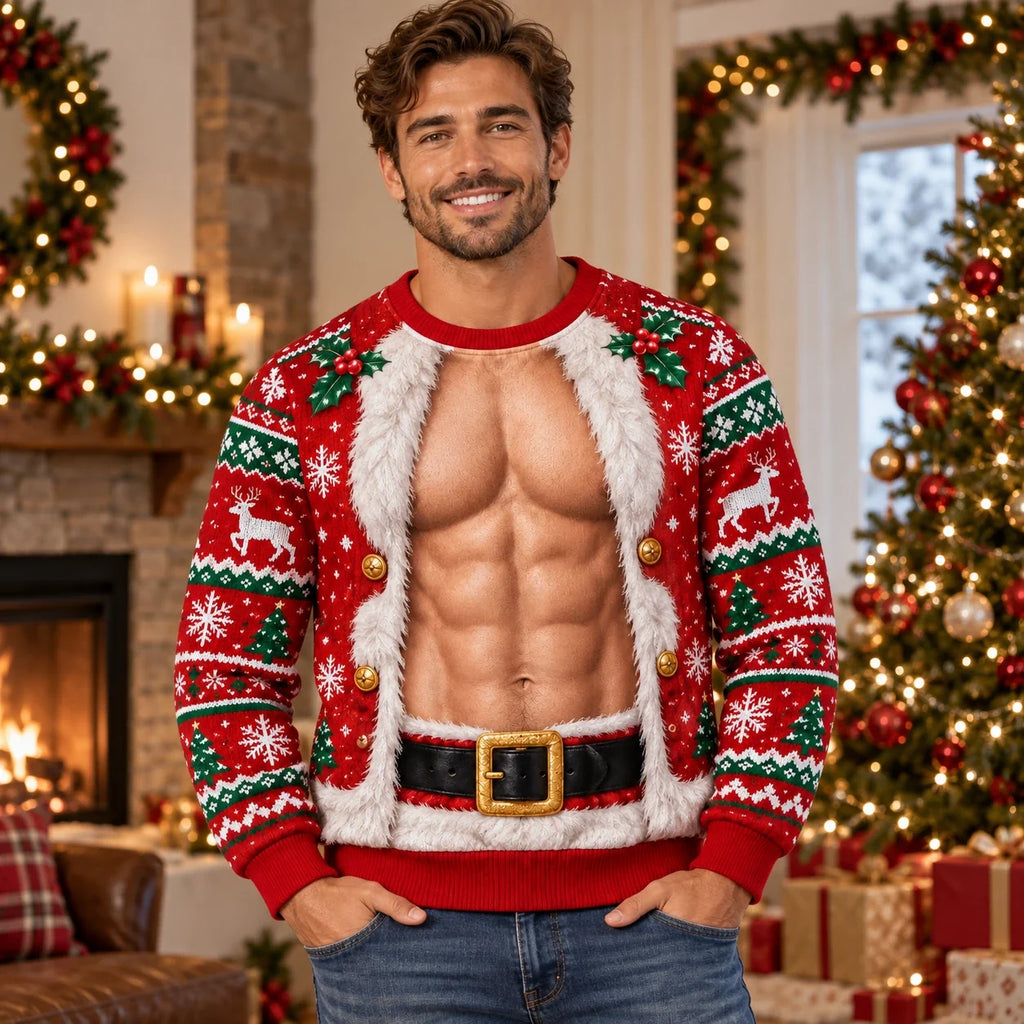 Funny 3D Muscular Santa Six Pack Print Christmas Ugly Sweater