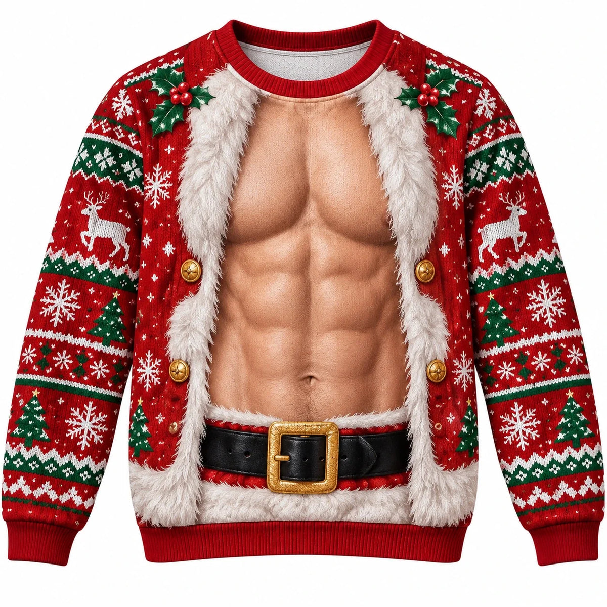 Funny 3D Muscular Santa Six Pack Print Christmas Ugly Sweater