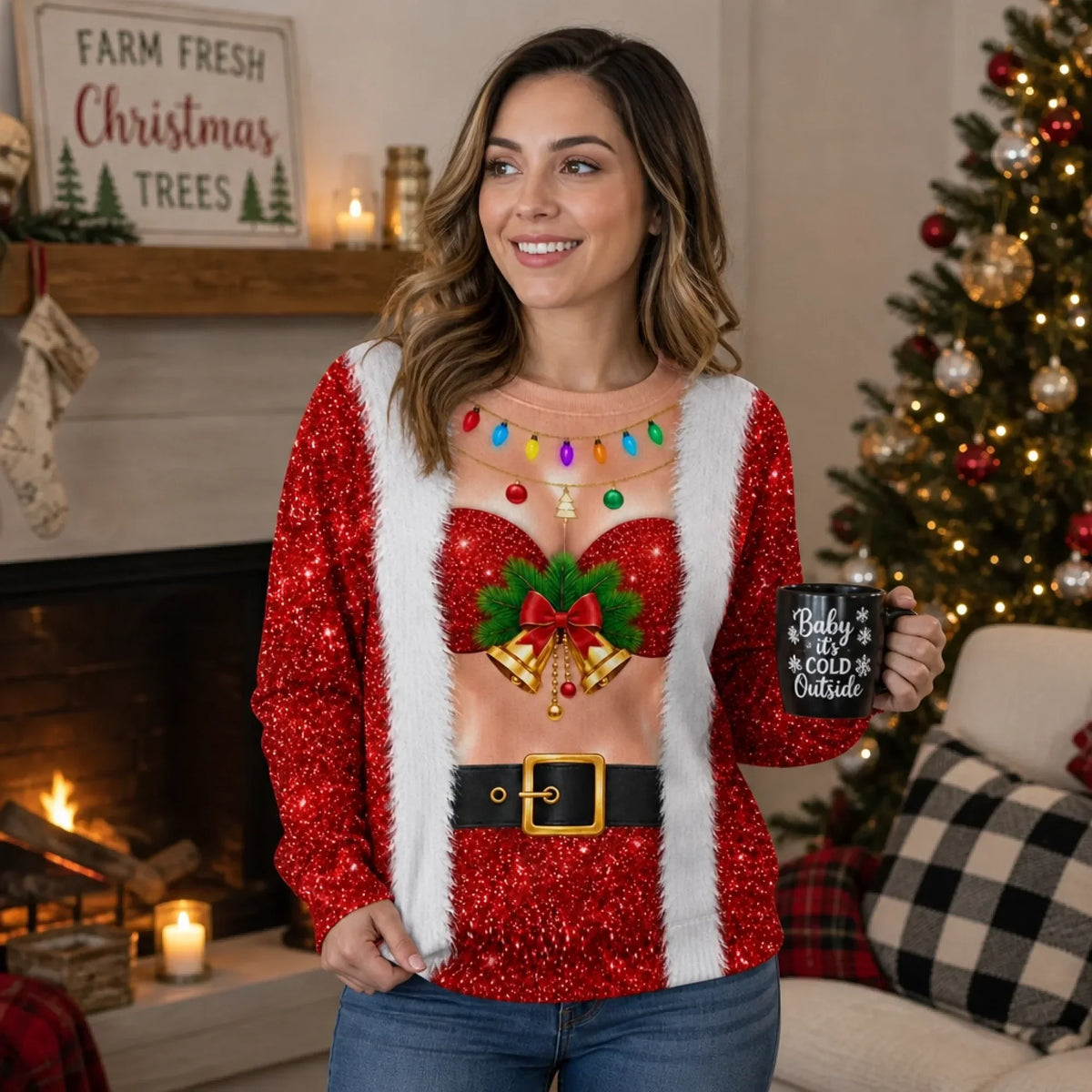Funny Bell Bust Santa Print Sparkly Christmas Party Jumper Sweater