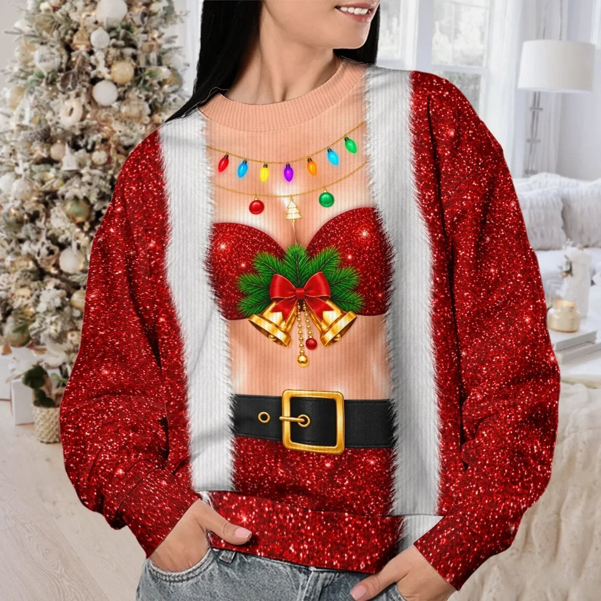 Funny Bell Bust Santa Print Sparkly Christmas Party Jumper Sweater
