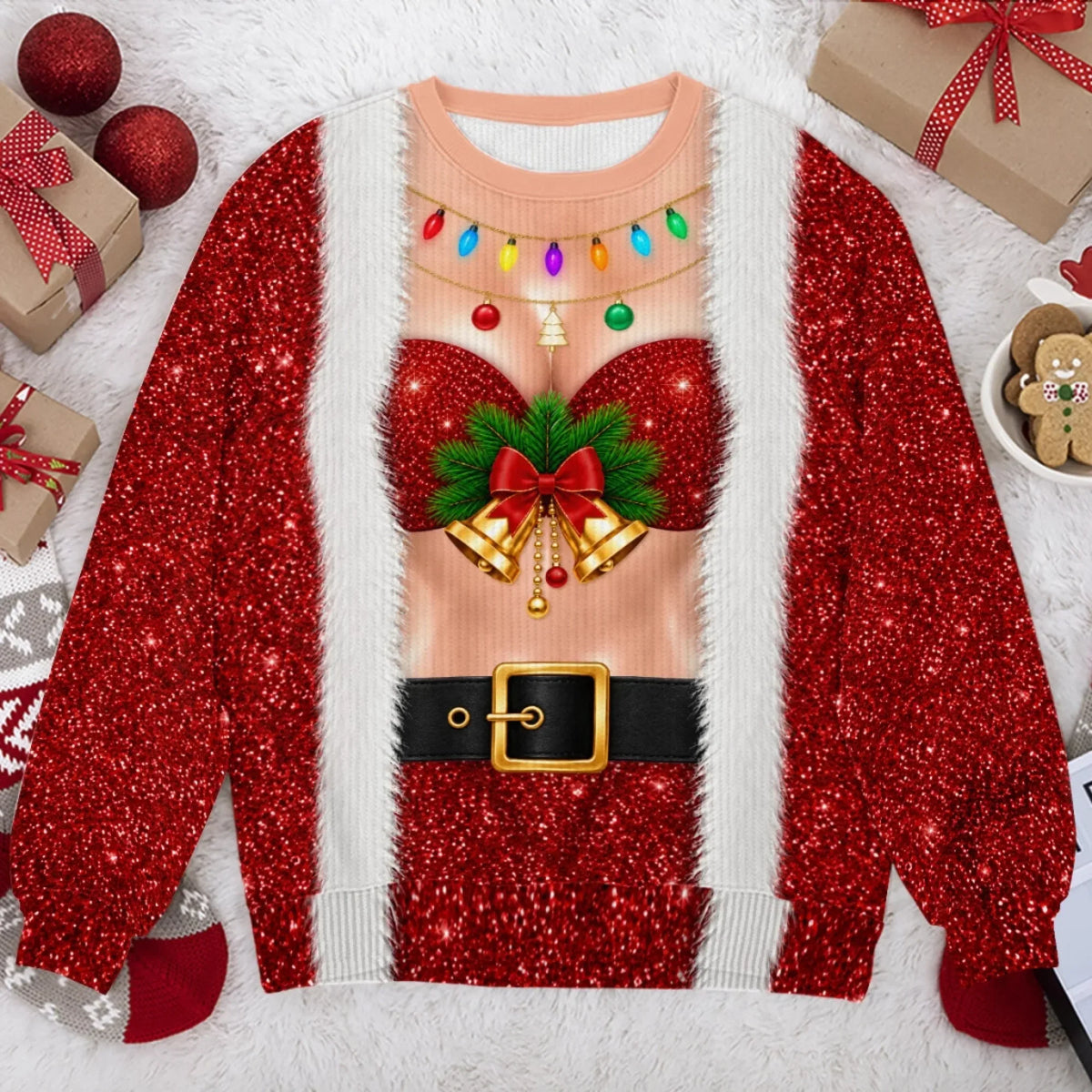 Funny Bell Bust Santa Print Sparkly Christmas Party Jumper Sweater