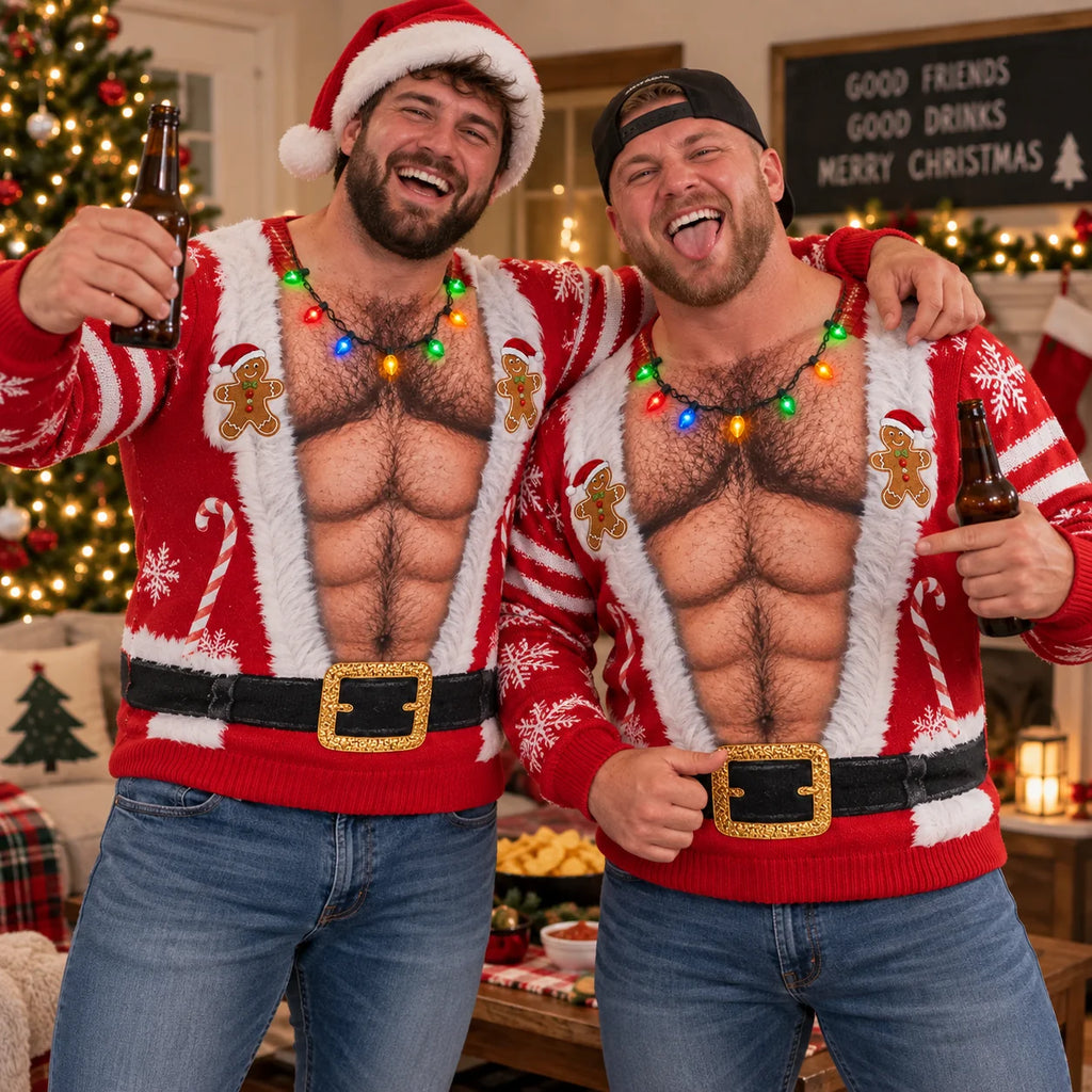 Funny Body Illusion Holiday Santa Hairy Chest Ugly Christmas Sweater