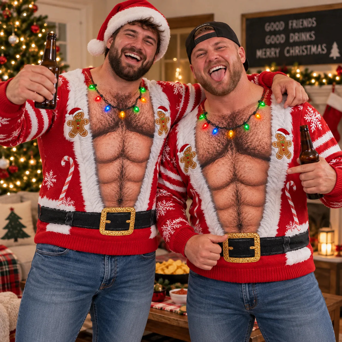 Funny Body Illusion Holiday Santa Hairy Chest Ugly Christmas Sweater