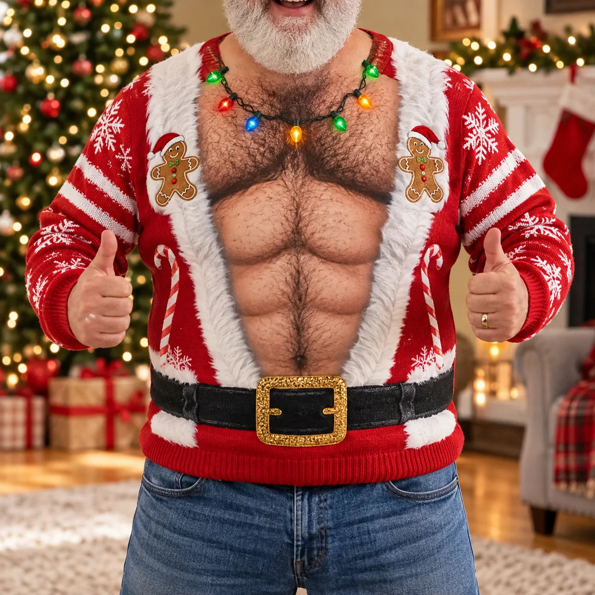 Funny Body Illusion Holiday Santa Hairy Chest Ugly Christmas Sweater