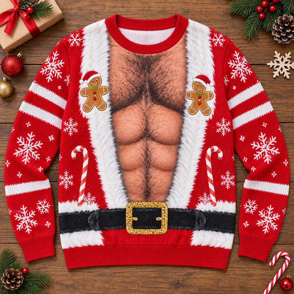 Funny Body Illusion Holiday Santa Hairy Chest Ugly Christmas Sweater
