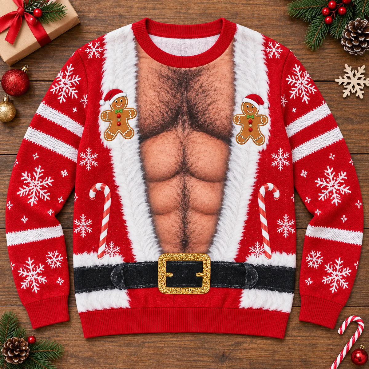 Funny Body Illusion Holiday Santa Hairy Chest Ugly Christmas Sweater