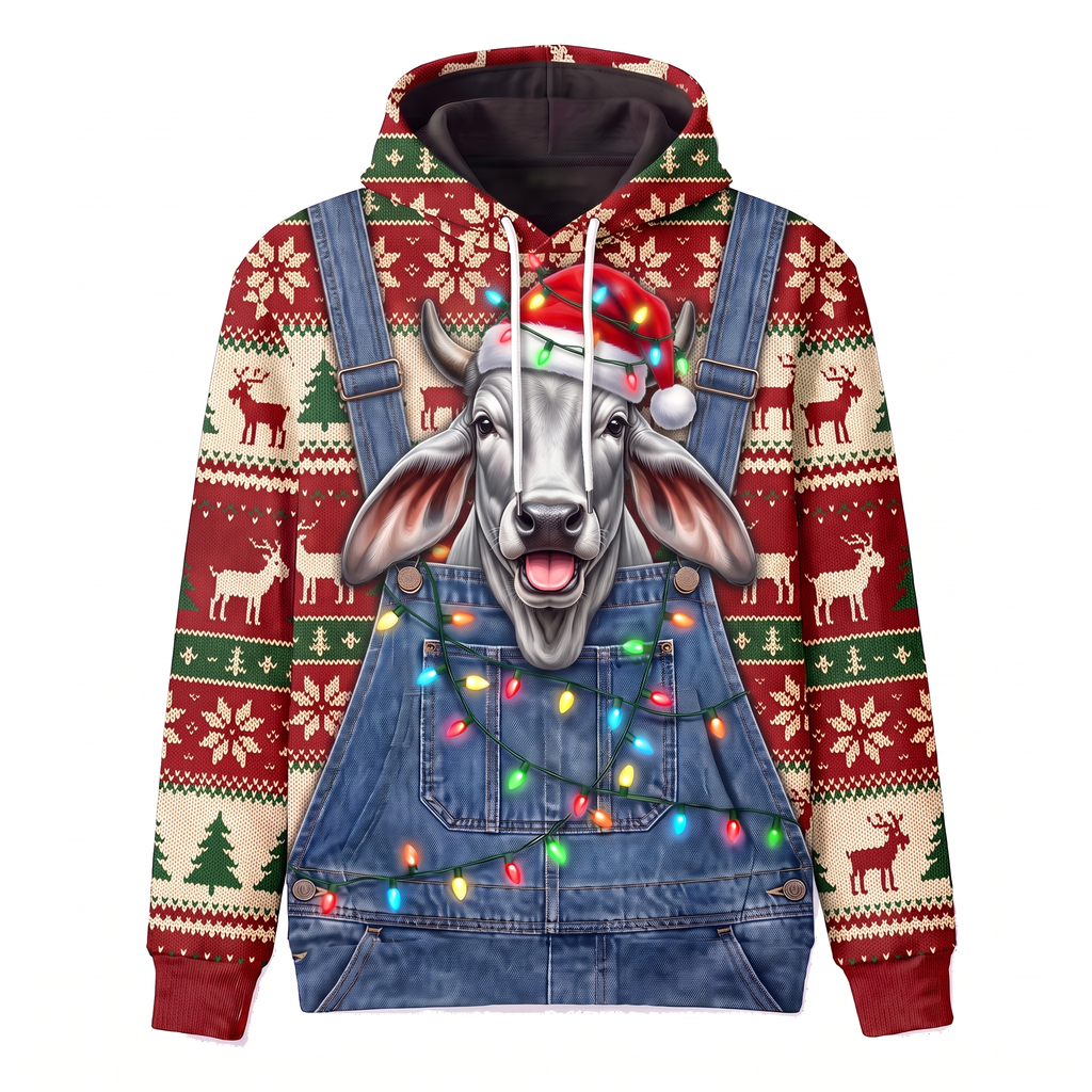 Funny Brahman Cattle Christmas Hoodie - Overalls Ugly Sweater Print