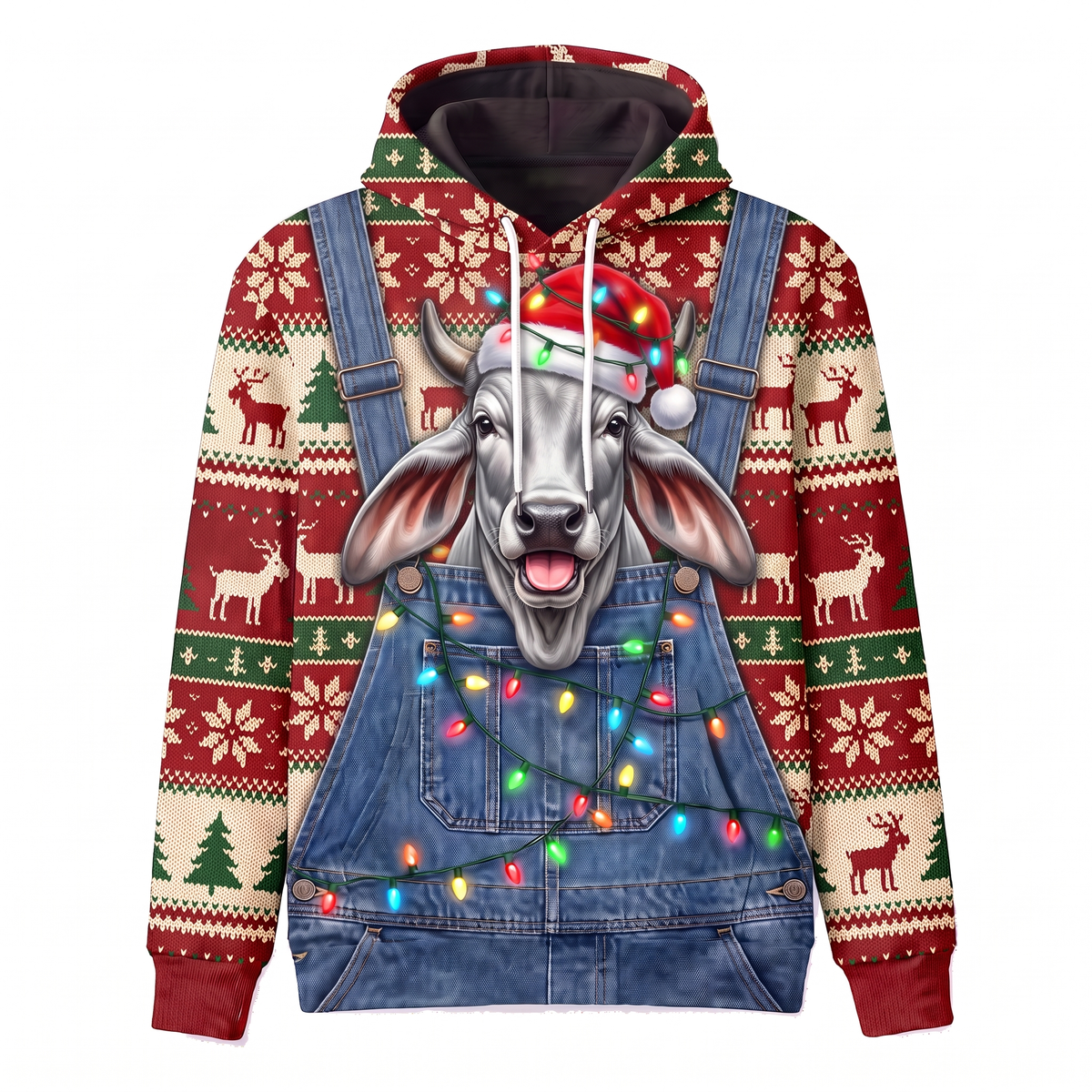 Funny Brahman Cattle Christmas Hoodie - Overalls Ugly Sweater Print