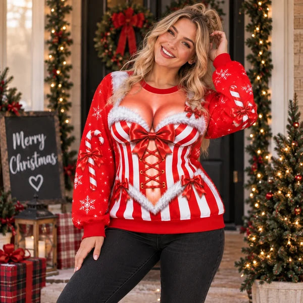 Funny Candy Cane Corset Christmas Sexy Optical Illusion Holiday Sweater