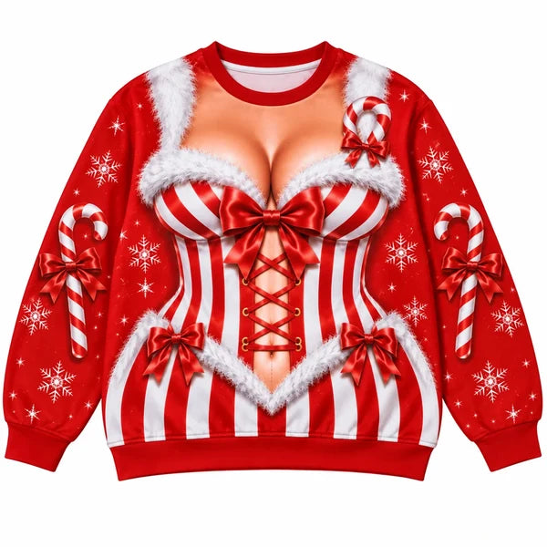 Funny Candy Cane Corset Christmas Sexy Optical Illusion Holiday Sweater