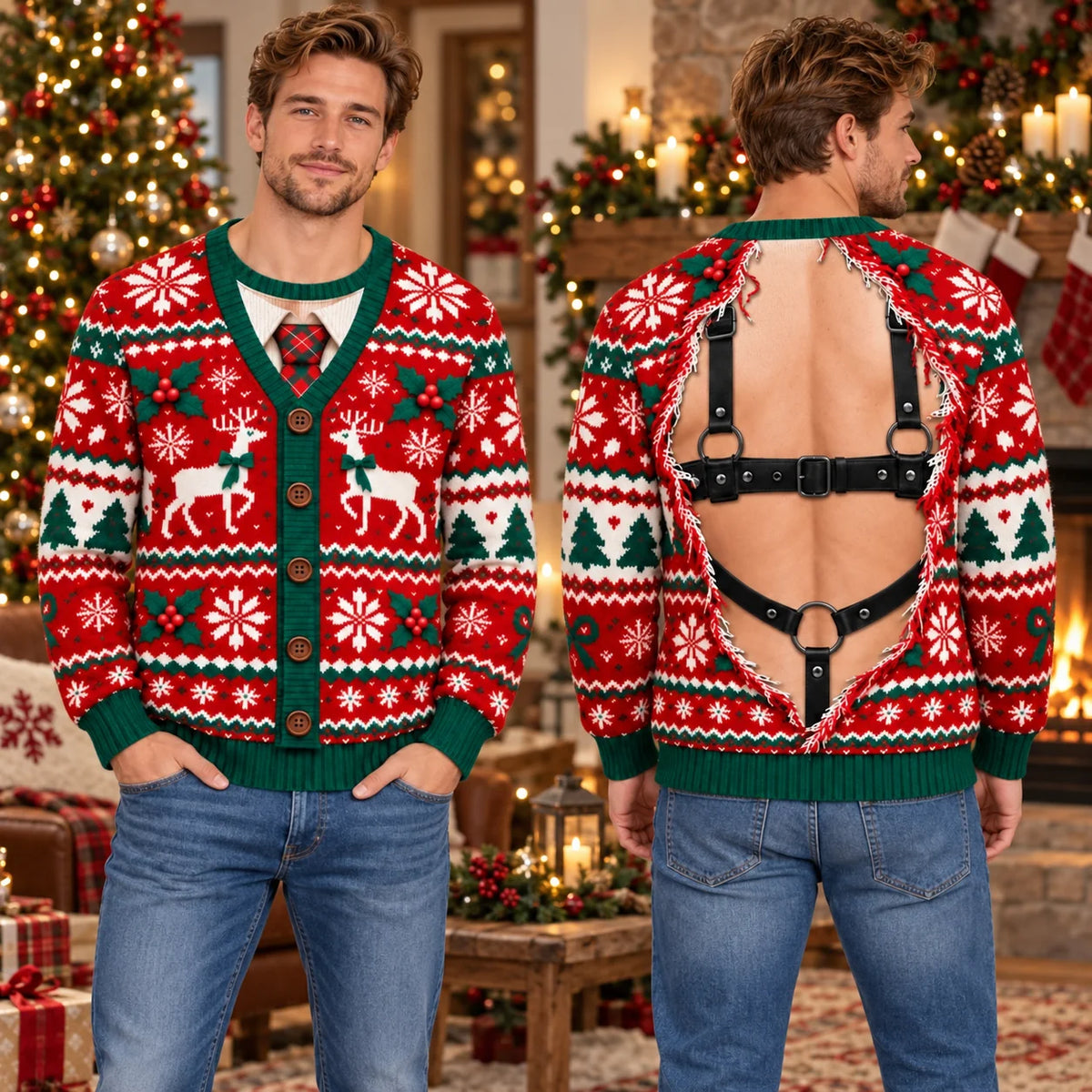 Funny Cardigan Green Red Ugly Christmas Sweater